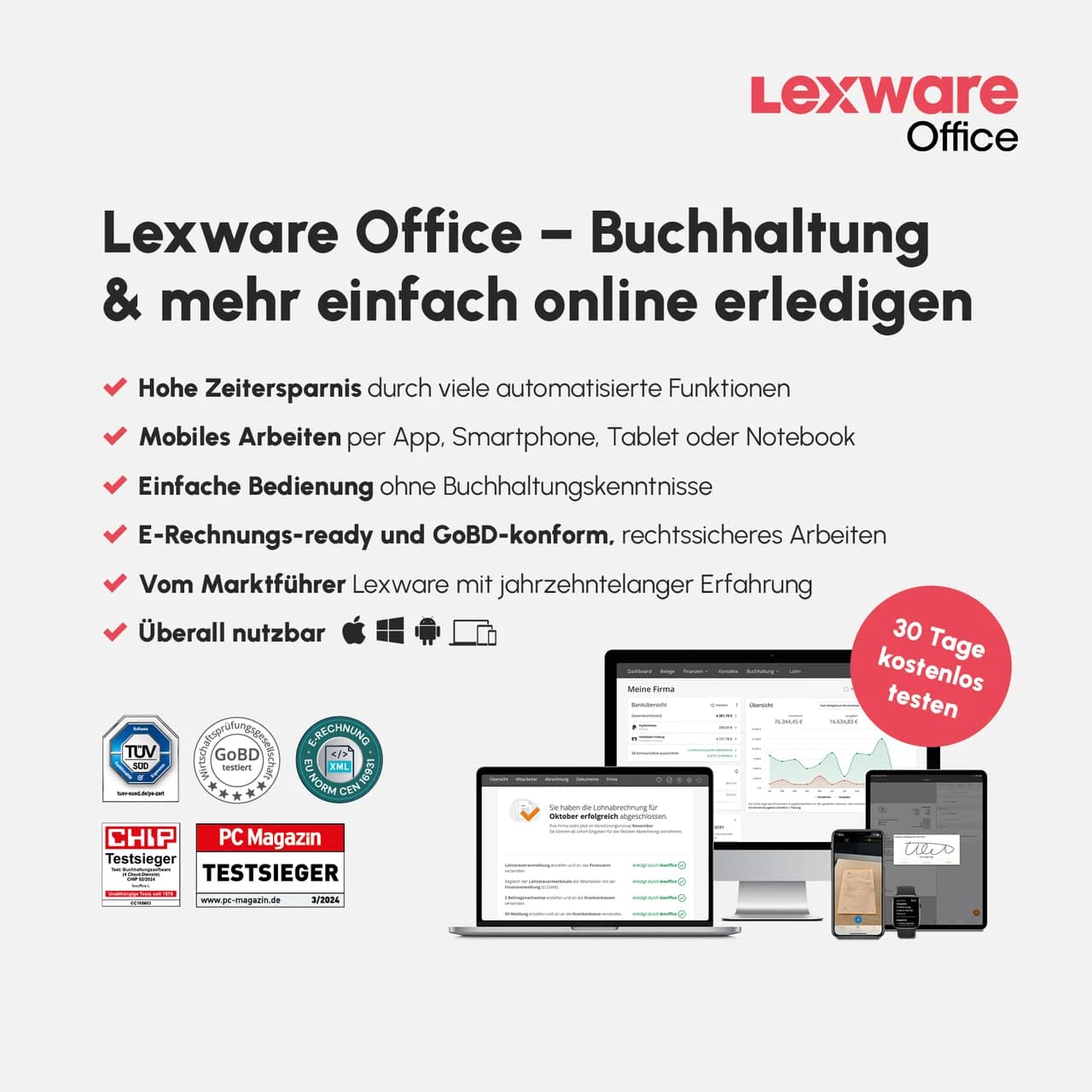 Die Vorteile von Lexware Office in der Übersicht: Zeitersparnis, mobiles Arbeiten, einfache Bedienung, GoBD-getestet und DSGVO-konform