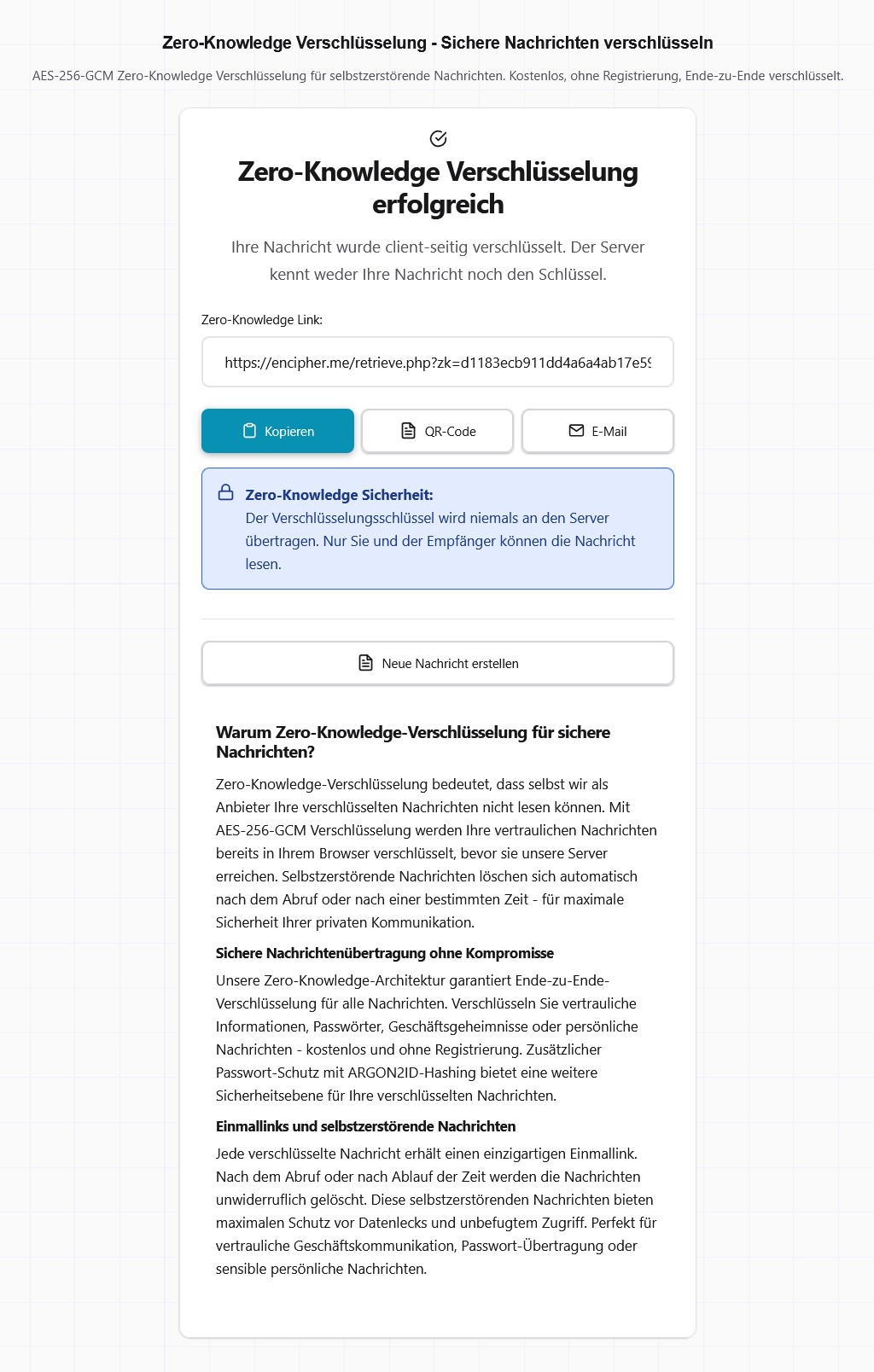 Verschlüsselung erfolgreich – Sicherer Link zum Teilen