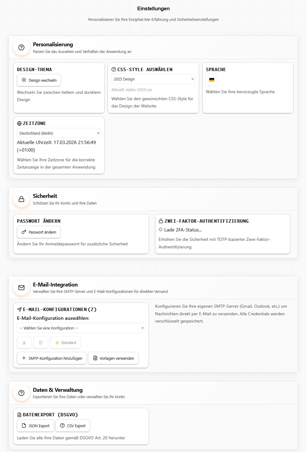 Einstellungen – Personalisierung, Sicherheit und E-Mail-Integration